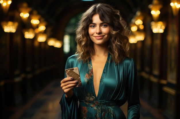 A woman holding a credit card and a phone with a green card in her hand