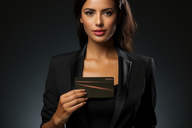 A woman holding a credit card and a phone with a green card in her hand