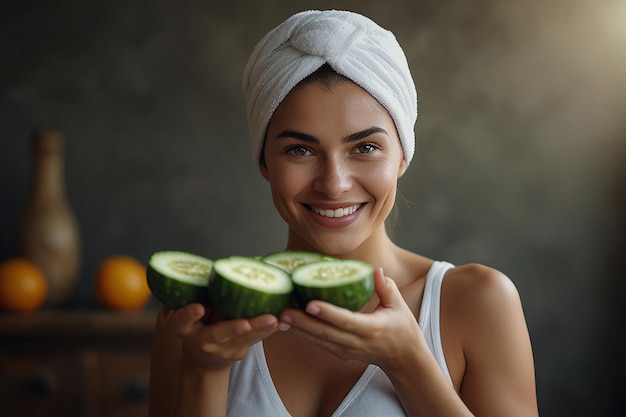 a woman holding cucumber and smiling in front of a camera