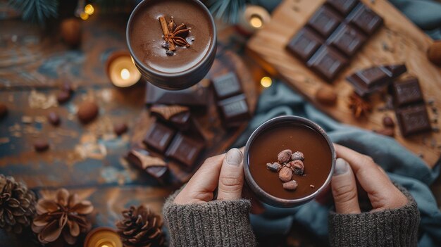 Photo a woman holding a cup of chocolate with chocolates in her hands