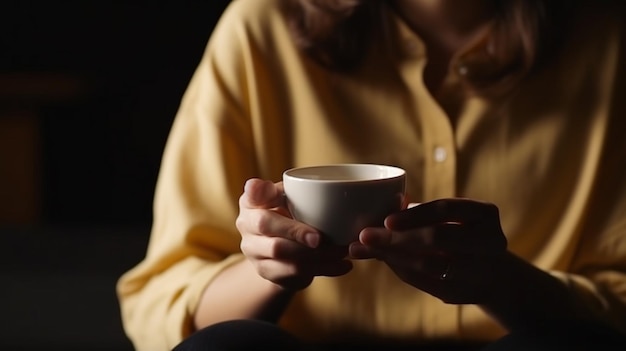 Woman holding a cup of coffee in the dark Close upgenerative ai