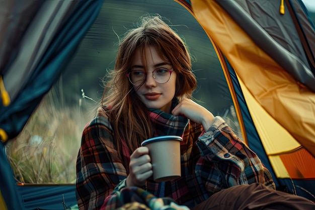 Photo woman holding a cup of coffee and sitting in tent