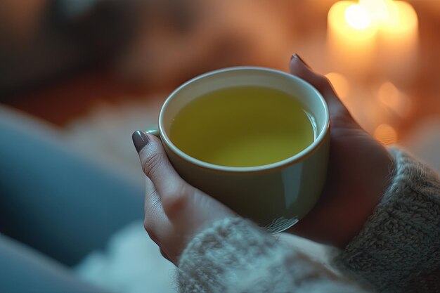 A woman holding a cup of green tea