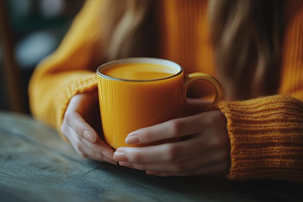 A woman holding a cup of orange juice