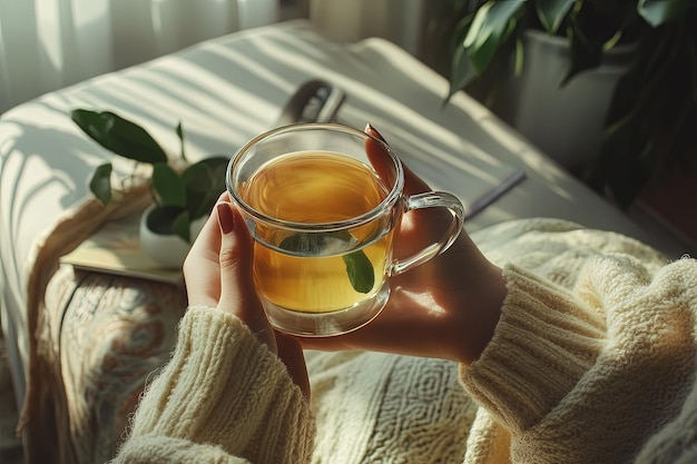 A woman holding a cup of tea in her hands