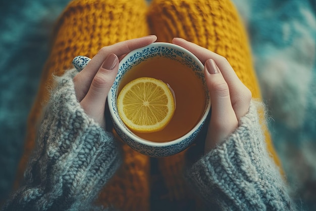 A woman holding a cup of tea with a lemon slice in it