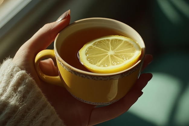 A woman holding a cup of tea with a lemon slice in it