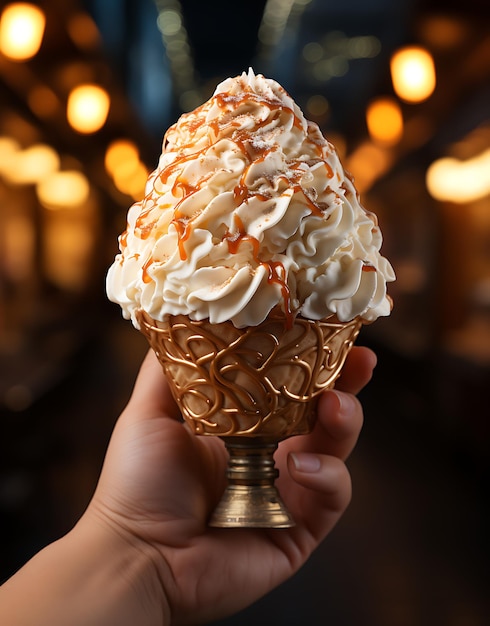 Woman holding delicious ice cream in waffle cone closeup view