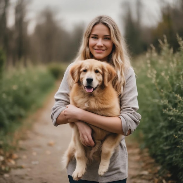 Photo a woman holding a dog in a field with a dog on her shoulder