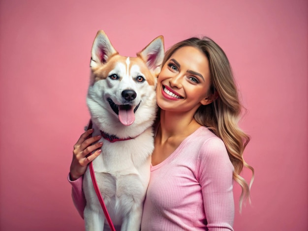 Photo a woman holding a dog and a pink background