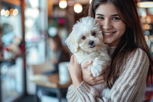 Photo a woman holding a dog with a smile on her face