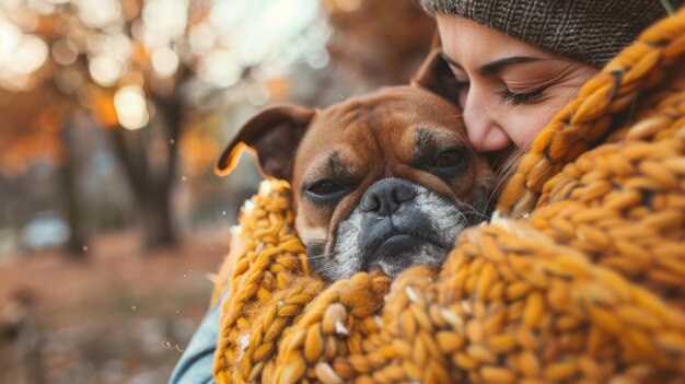 Woman Holding Dog Wrapped in Blanket