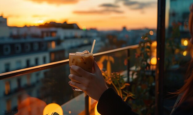 a woman holding a drink in her hand on a balcony at sunset