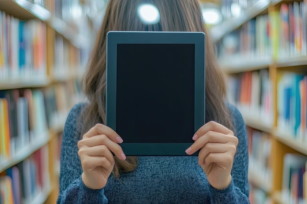 Photo woman holding ebook reader in library closeup