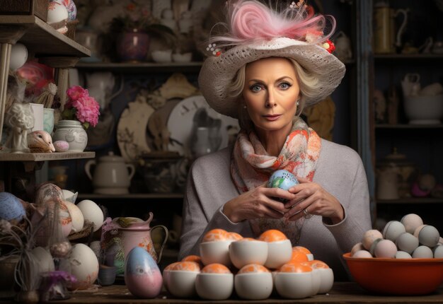 Woman Holding Egg in Front of Table Full of Eggs