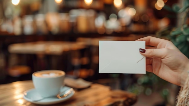 Photo woman holding envelope beside coffee cup in cozy cafe