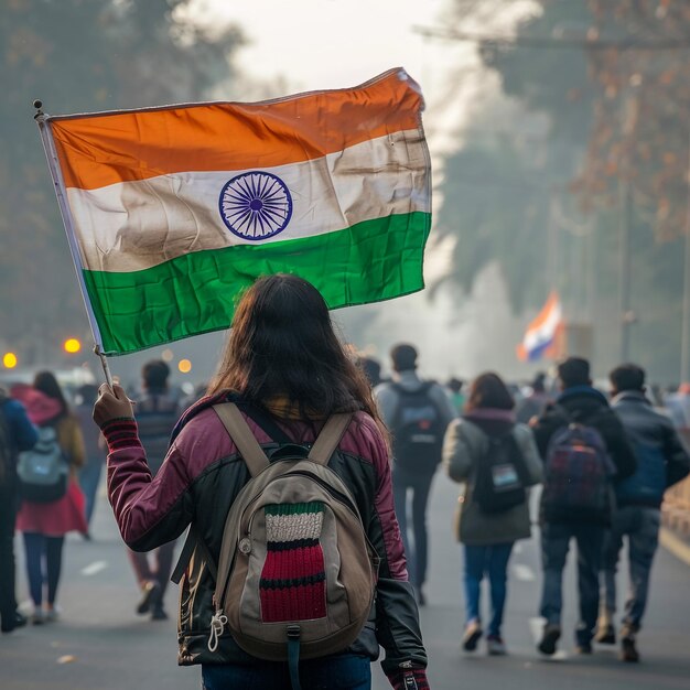 a woman holding a flag in the middle of a street