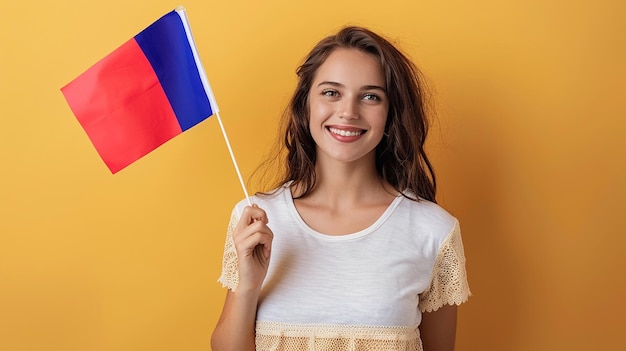 a woman holding a flag with the word  flag  on it