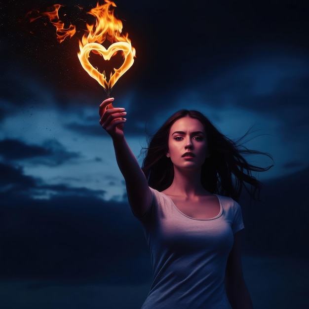 a woman holding a flaming torch with the words quot heart quot on it