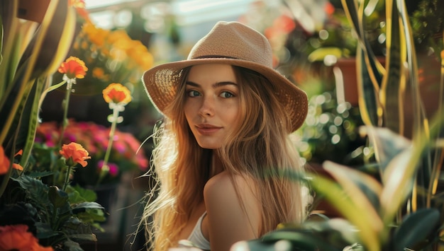 A woman holding a flower smiling confident outdoors and surrounded by nature