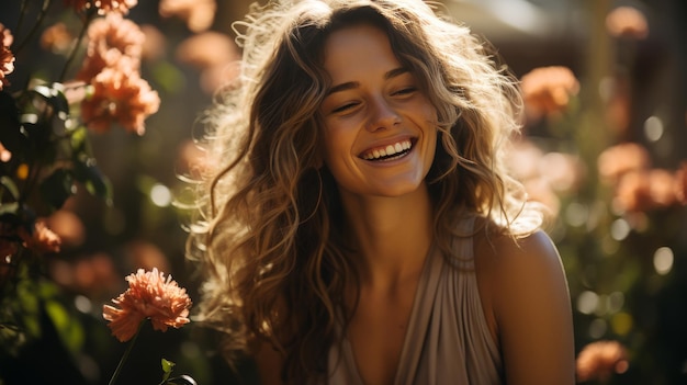 Photo a woman holding a flower and smiling under the sun