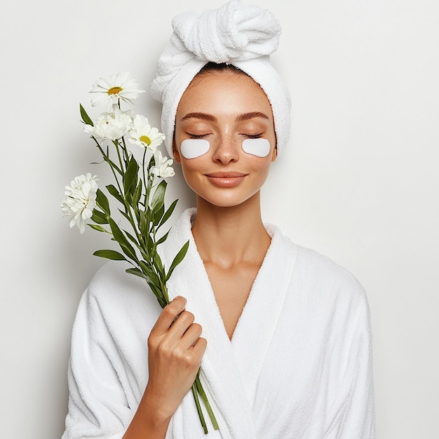 Photo a woman holding flowers and a towel that says spam