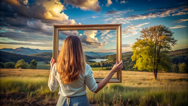 Photo woman holding a frame that surreally reflects the landscape abstract concept