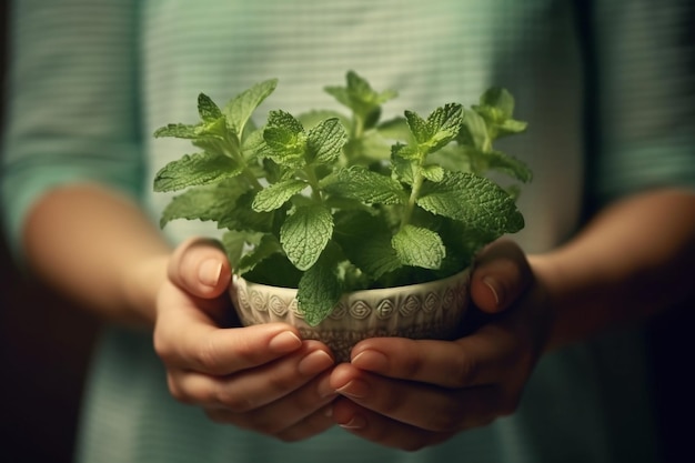 Woman holding fresh mint in hands closeup Healthy lifestyle concept