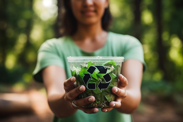 Photo woman holding a garbage box recycling concept recycle recycle plasticfree junk food plastic packaging