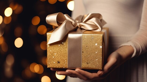 a woman holding a gift that says  christmas  on it