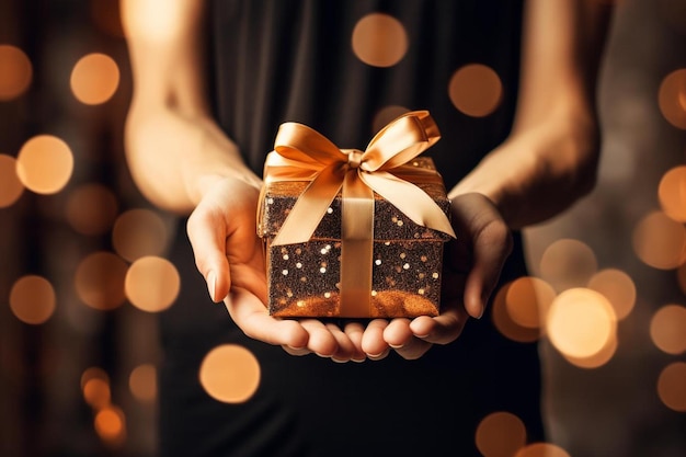 A woman holding a gift with a gold ribbon around her neck.