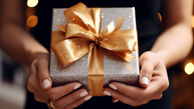 a woman holding a gift with a gold ribbon that says  gold  on it