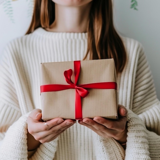 a woman holding a gift with a red ribbon in her hands