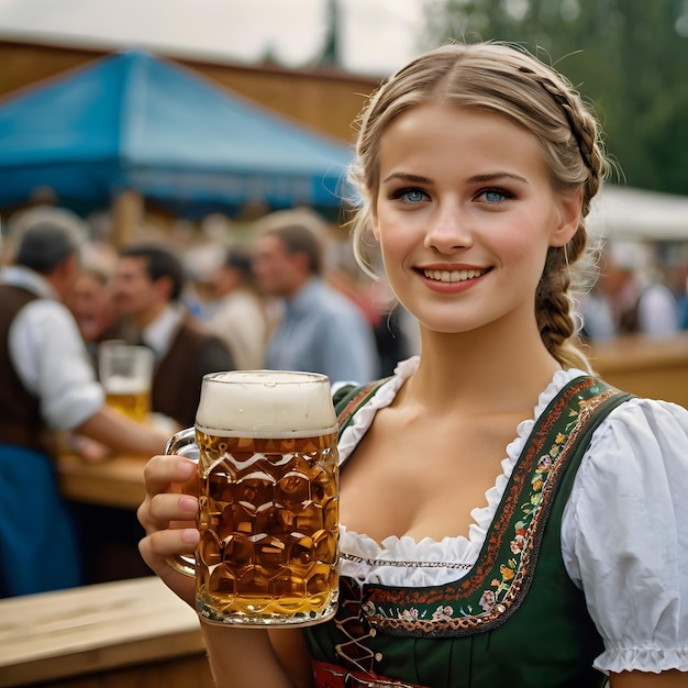 a woman holding a glass of beer in front of a crowd of people