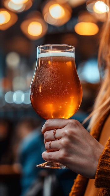 a woman holding a glass of beer in her hand