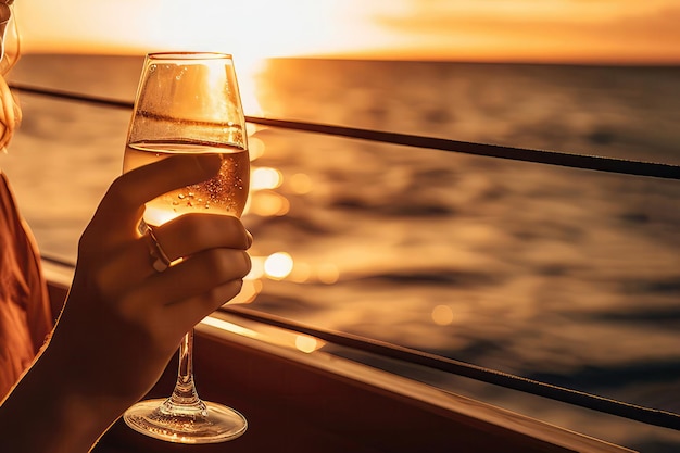 Woman Holding Glass Of Champagne On Catamaran Sailing The Ocean At Sunset Generative AI