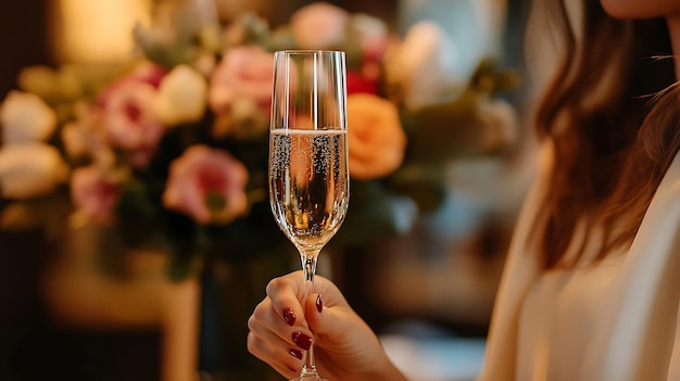 Woman holding a glass of champagne with a blurred floral bouquet in the background