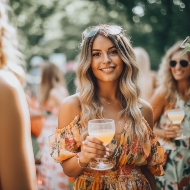 A woman holding a glass of orange juice