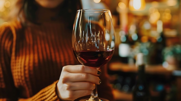 Woman Holding a Glass of Red Wine at a Bar