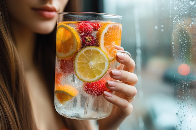 Photo a woman holding a glass of water with lemons and strawberries