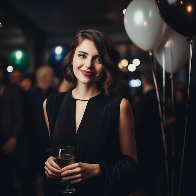 A woman holding a glass of wine in front of balloons.