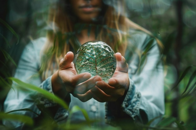 a woman holding a globe that has the word tree on it