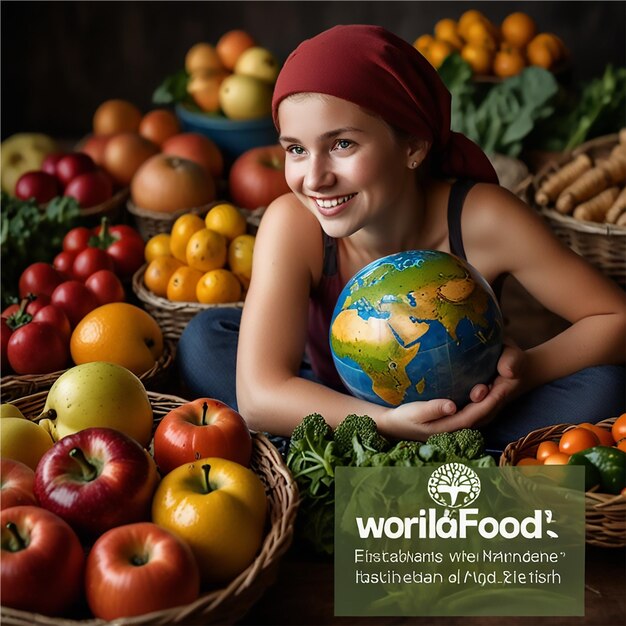 Photo a woman holding a globe that says world food in front of a sign that says worlds world