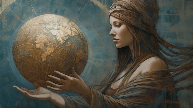 Woman holding globe vintage art Generative AI