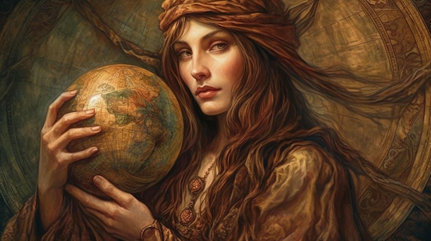 Woman holding globe vintage art Generative AI