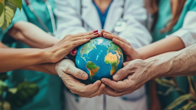 Photo a woman holding a globe with the world in the background