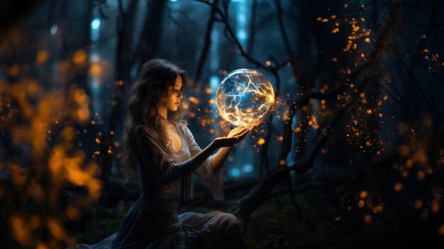 Photo woman holding a glowing orb in the forest