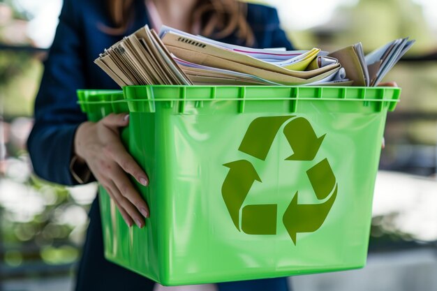 Woman holding green recycling bin with recyclable paper in park recycling concept