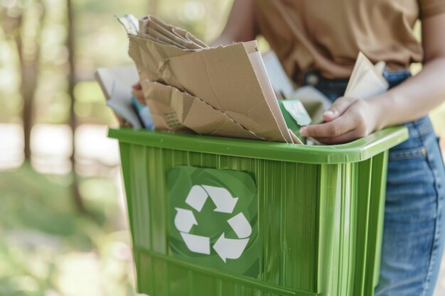 Woman holding green recycling bin with recyclable paper in park recycling concept