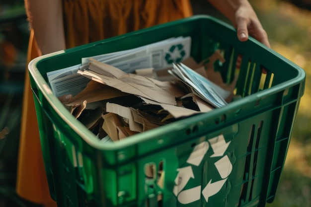 Woman holding green recycling bin with recyclable paper in park recycling concept